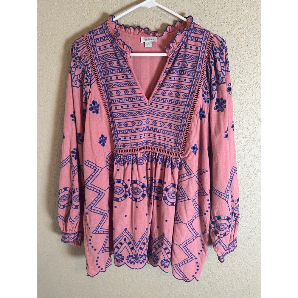 Sundance Blouse Women XL Pink Embroidered Eyelet Boho V-Neck